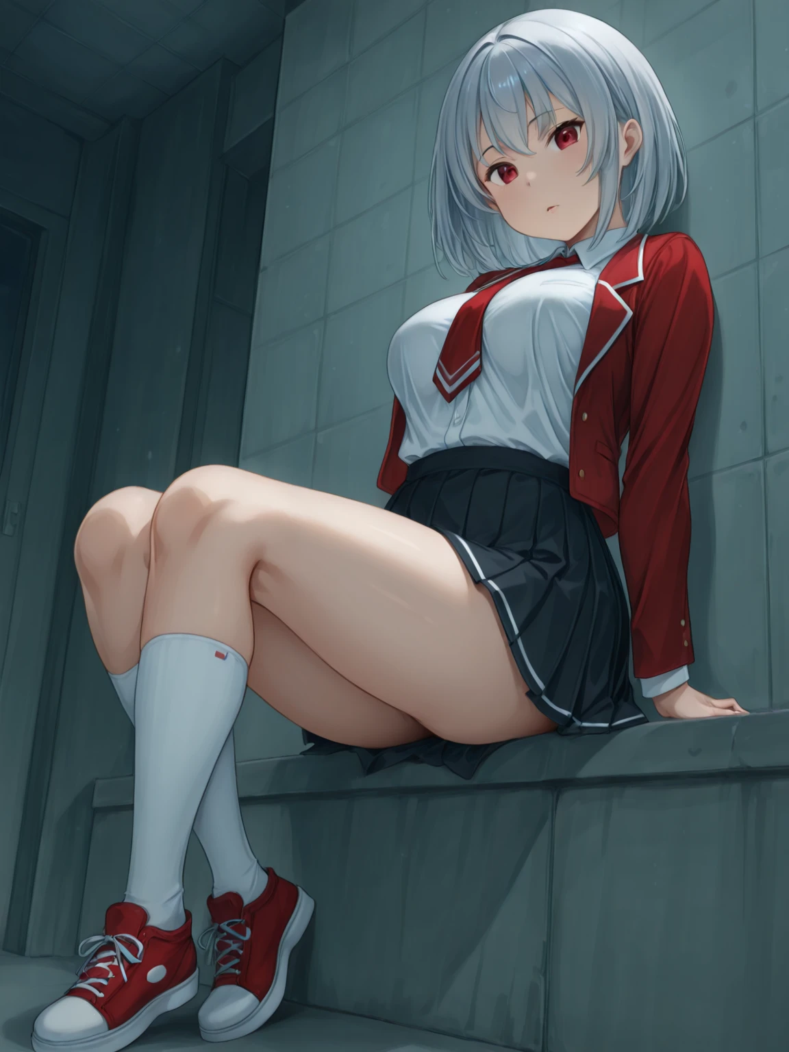 ８K, highest quality, masterpiece, super detailed、silver hair、short hair、medium breasts、、full lips、　best quality、、pale blue eyes、Spread Legs、、frosty eyes、nurse服、medium breasts、angry、hospital、hospital room　、blush、squat down、own hugging feet、nurse、	full body、、red underwear、red panties、I can see the pants