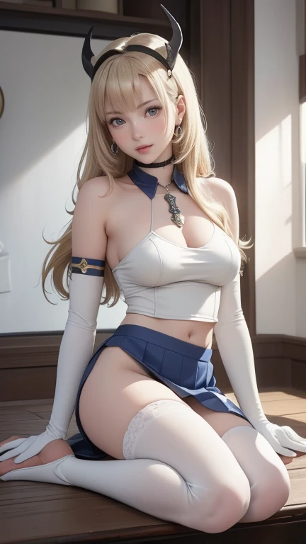 realistic、masterpiece、1 girl、23 years old、beautiful face、embarrassing、positive((lying on the ground)、female knight、white pleated skirt、skirt that rolls up、The upper body is armored)、(Blonde hair ponytail)、big breasts、beautiful thighs、(panty shot、between the legs)