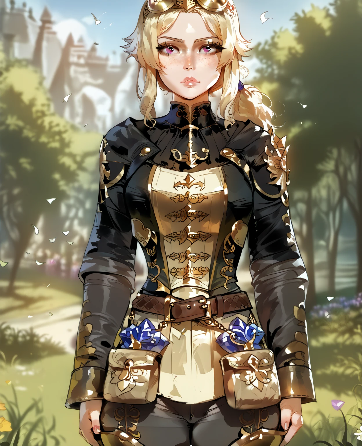Dnd character, solo, one woman, human, beautiful, in medieval fantasy clothing, light clothing, pants, knee-high boots, interesting blouse, corset, belt bag, two short swords in sheaths on the belt. Beautiful face, detailed face, beautiful clear eyes, cutie, playful, gambling. A few freckles. Red long hair, hairstyle - ponytail, lush, slightly disheveled. Without armor. Looks straight ahead