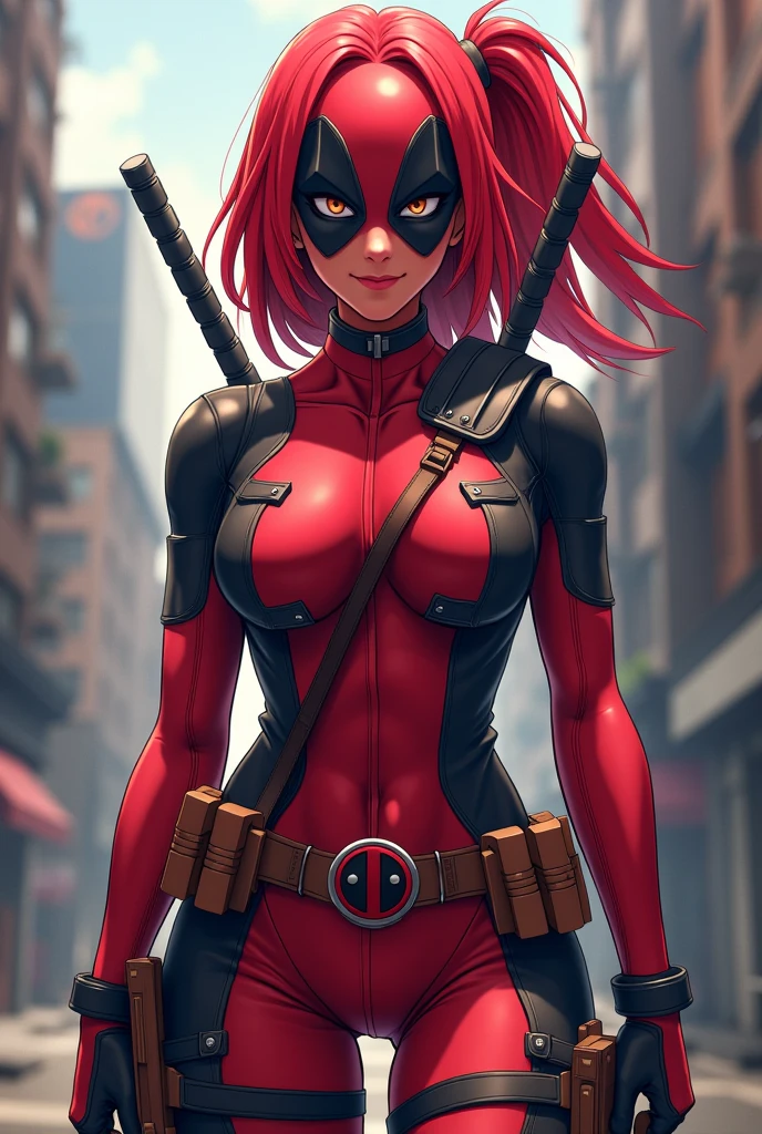 (masterpiece, best quality:1.2), 1girl, solo, DEADPOOL COSTUME, ((red & black bodysuit:1.3)), ((Red & black face mask:1.2)), sassy, attitude. explosions, chaos