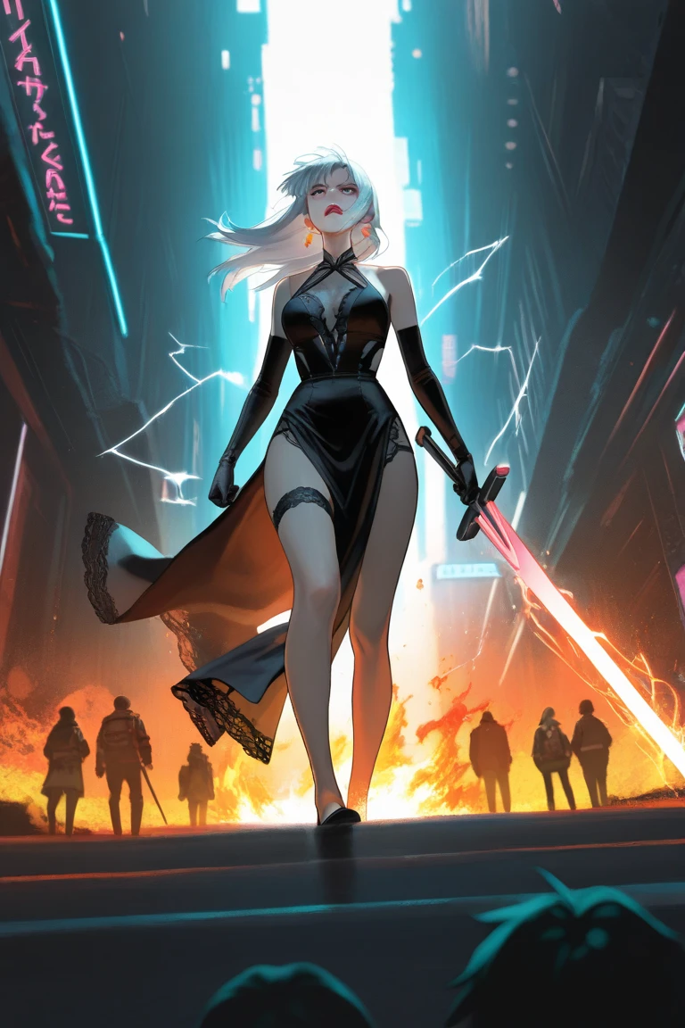a picture of an mecha angel wearing black leather jacket, ((full body: 1.5)), exotic beautiful angel ((anatomically correct: 1.5), (ultra detailed face: 1.2), best detailed face, busty, folded wings, white angel wings, (white mecha armor: 1.3), she is wearing ((black leather jacket: 1.5)), intricate leather jacket, loose leather jacket, glam leather jacket, jacket has metallic studs, wearing silk dress, (dynamic color dress)), wearing thigh high heeled boots, cyberpunk church background, , vibrant, Hyperrealism style, vibrant, Ultra-high resolution, High Contrast, (masterpiece:1.5), highest quality, Best aesthetics), best details, best quality, highres, ultra wide angle, 16k, [ultra detailed], masterpiece, best quality, (extremely detailed) RAW, feathered wings, Hyperrealism style