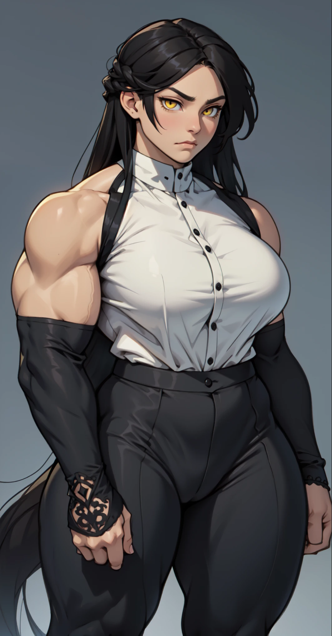 wide hips curvy thick thighs voluptuous large breasts muscular toned body bodybuilder black hair pale skin yellow eyes skintight expressionless sad sad wedding dress wedding dress wedding dress