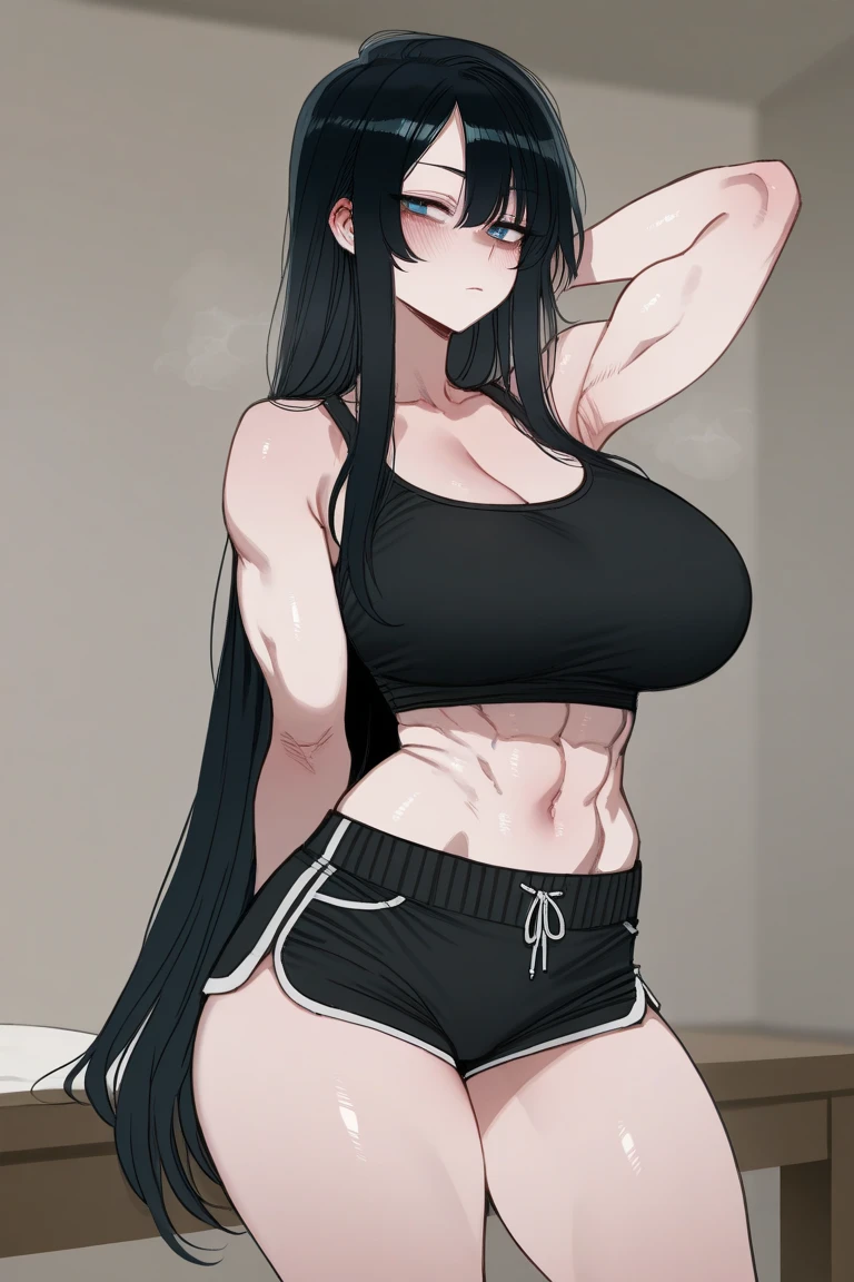 1 girl, black hair, yellow eyes, very long hair, pale skin, seductive expression, curvy, ((extremely muscular)), perky breasts