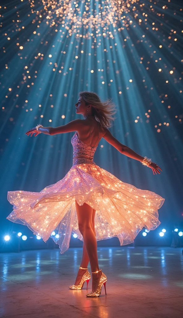 A cute woman is dancing in an airy, sheer, colorful, very mobile dress on a well lit stage. Lots of spinning. No underwear. On a well lit stage