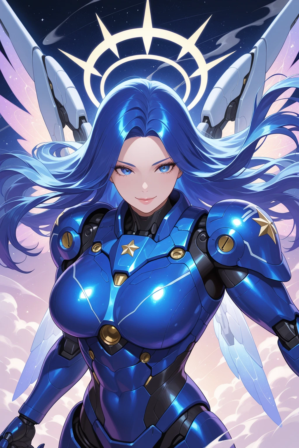 Create a 16k resolution image, Unreal Engine 5, Disney style, Super Metroid style, Mega Man-X style, with very detailed eyes, well detailed face, well detailed, Full body image of woman doing hybrid cosplay of Mega Man-X/Samus Aran/Seiya of Pegasus with Sagittarius armor, short blue hair, wearing helmet, extremely detailed eyes, futuristic weapons, background: Futuristic city being destroyed, looking at the viewer with facial expression of total hatred