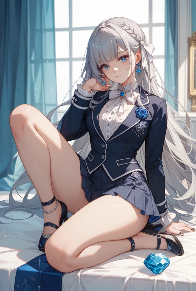 Silver-haired blue eyes、 girl、small breasts、twin tails、laughter、Nico Nico Smile、Looks about 15 years old、Petan Musume、girl、uniform、 girl、accessories、ear piercing、Cute Hairpins、hair ornaments、Gal-like、are at school、look of temptation、sexy、barefoot、