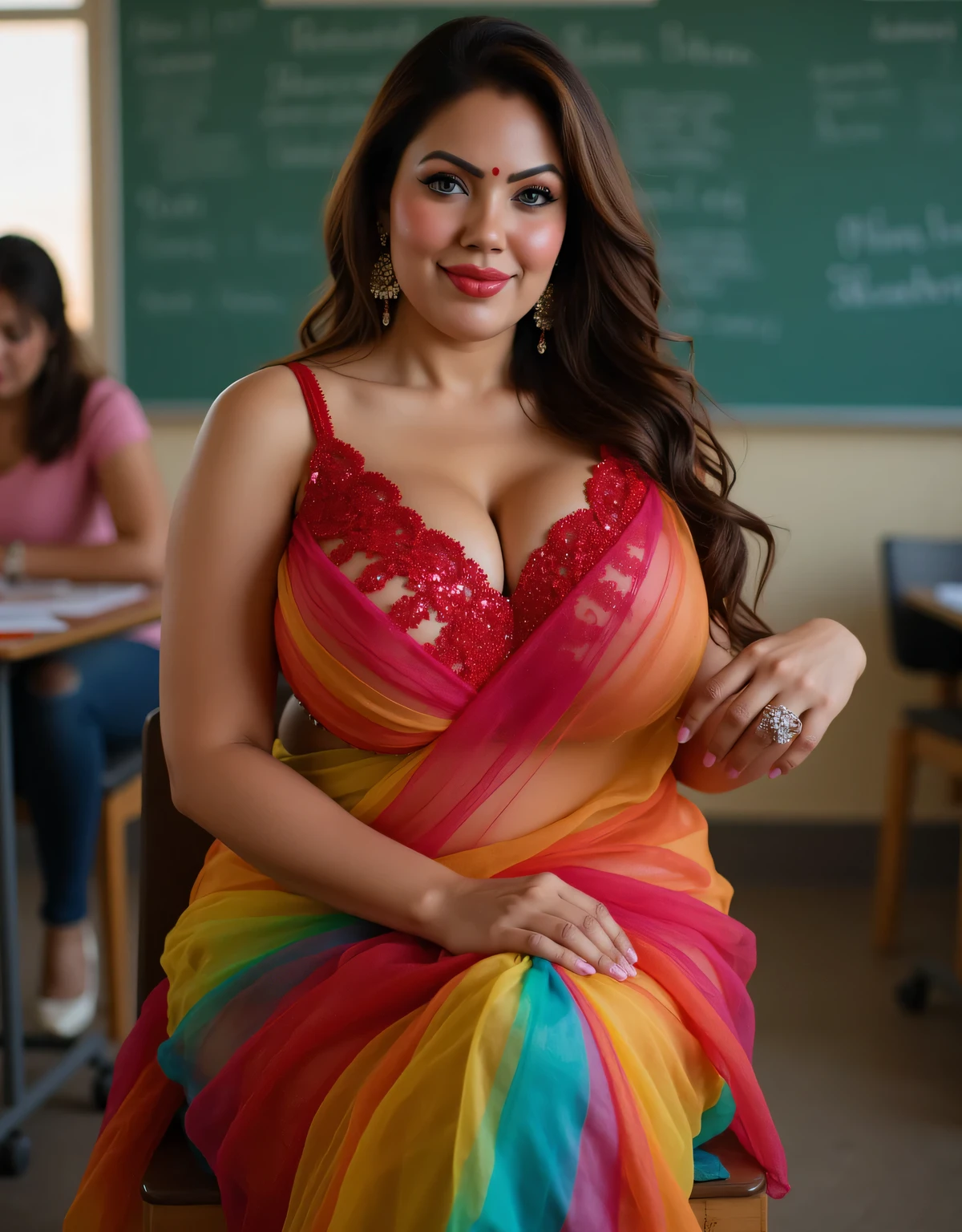 Full view on camera,a sexy indian milf, semi curvy, as a teacher , wearing a rainbow color sleeveless transparent slik sexy saree and a red 30C push up lacy bra,she holding a book, ,her breast is full oiled,her breast size 32, Full deep cleavage,deep navel, glossy lipstick,diamond Jewelry,sindoor, perfect round breast,her breast almost pop out from her bra, her pallu dropped , she sitting in chair her sitting style is crisscross position and lift her one legs in bench,she is wearing a white hill sandle,she has gorgeous thigh,her saree lift and her thighs visible exposing for everyone,student are watching her breast, she wearing a eye wear (chasma),8k,full view from head to toe,