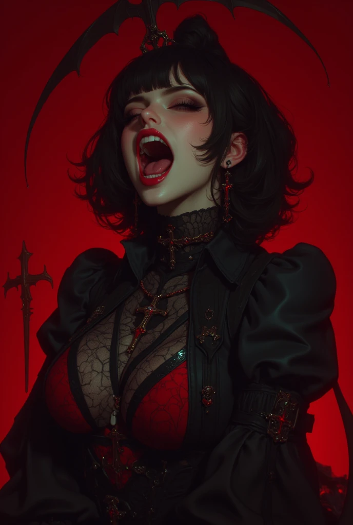 Sexy gothic girl, black hair, curly square haircut, red eyes, black lipstick, black nail, eyeliner, little sadistic smile, dark and deep look, menacing, black horns. Masterpiece, UHD, detailed. Into a satanic church, cowboy_shot