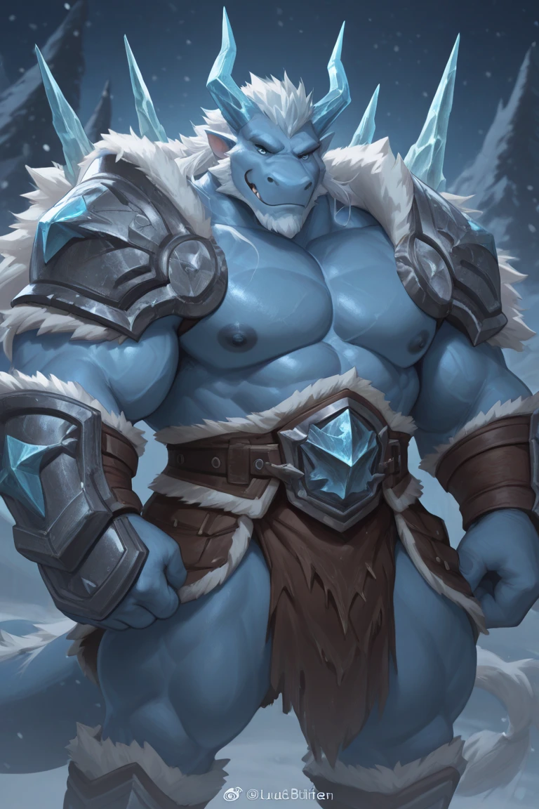 A large attractive muscular male Anthro Platinum dragon Massive guy, extremely muscular, looks protective and possessive,, seductive, wearing spiky armor, large muscles, big, bara, in Whiterun Guard armor, White scales, Guard, Skyrim guard armor, Skyrim Guard, Whiterun, Big belly, Pred, dragon,