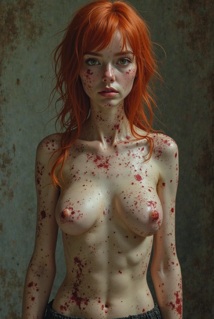 (((photorealistic:1.4))), ultra realistic, pores, (((masterpiece))),high quality, ultra details, realistic white skin beautiful face pretty korean idol girl with very long sharp black shiny fingernails, yellow slit eyes, long red hair, nude, blood on skin, naked, cat ears and tail, sitting next to realistic ugly old man stabbed on the post with throat ripped, guts, deep cuts and wound, extreme gore, extreme torture, blood splatter everywhere, torture room, torture device in the table