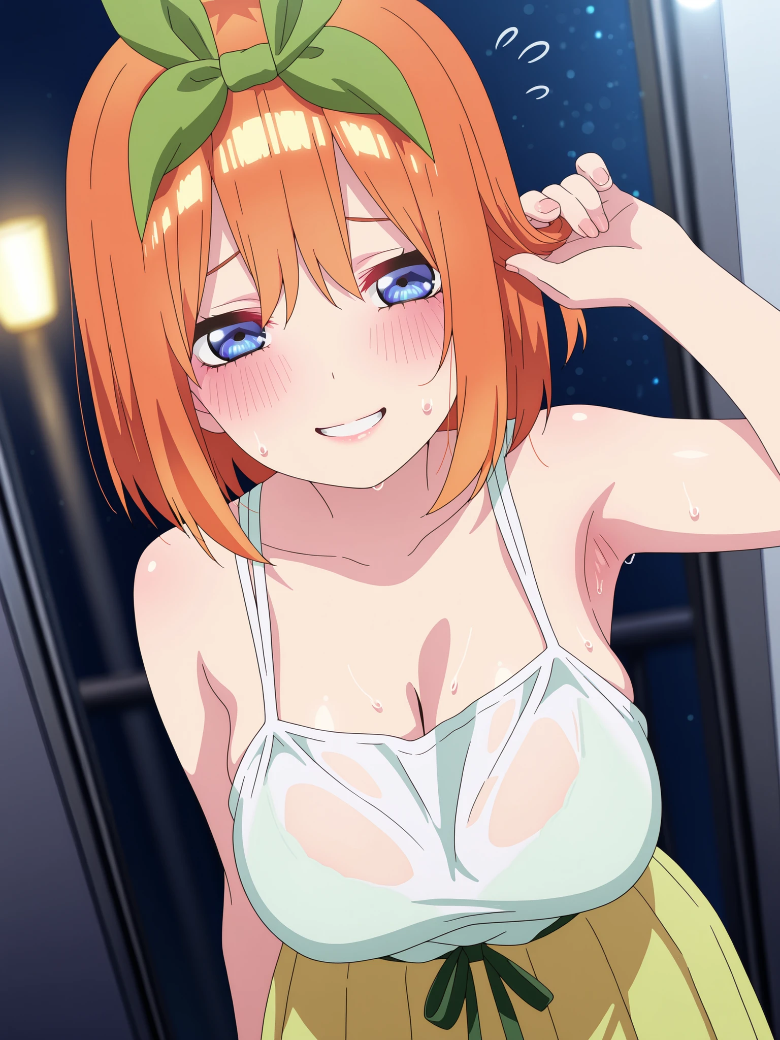 Close-up shots of  parts. Glamorous skin, Delicate, Wet skin feel, Busty elements, Sweat drops, Very delicate depiction of hair, , Dynamic poses. , (masterpiece, top quality), very beautiful, Absurd, highly detailed CG unity 8K wallpaper, Spanish illustration, (glamorous look), anime style 4k,, anime moe art style, anime art wallpaper 4K, high quality anime art style,CUTE ANIME GIRL, depth of field, perfect hands, nice, familiar with digital animation art, anime art wallpaper 8k,,, 5_ others, 4_ others, 1_ parents also viewed, Face in love, blush, half closed eyes,   



五等分の花嫁 (Gotoubun no Hanayome) / 中野四葉 (Yotsuba Nakano)
Prompt:
Yotsuba Nakano lounges on a plush beanbag in a vibrant school clubroom, her petite, curvaceous body bathed in the warm glow of fairy lights. Her short, orange hair, styled in a messy bob with a green ribbon, frames her flushed, heart-shaped face, her blue eyes sparkling with playful arousal. She wears a school uniform with the blouse pulled up and tied under her massive, sagging , the fabric accentuating their curves, paired with a yellow-green skirt that slips low to reveal her , consistent with Prompt 1. Her pose is relaxed—she lies on her side, one arm raised high to reveal her smooth, glistening armpit, the other hand nervously twirling a strand of hair. Her expression is a bright, shy grin, blue eyes half-lidded with a timid blush, lips parted in a soft , echoing Prompt 1’s personality. The perspective is a high-angle close-up, zooming in on her  armpit, the soft curve and faint sheen of sweat illuminated by fairy lights, with her heaving  subtly in frame, showcasing her energetic yet sensual demeanor.

