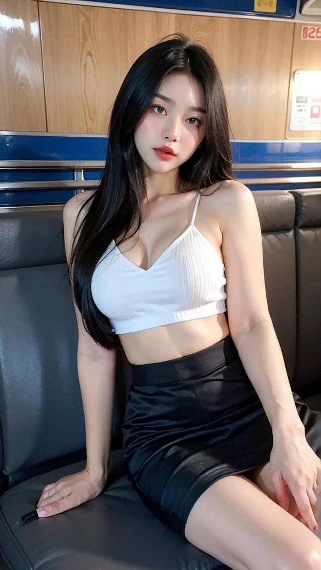 Beautiful girl with long hair:1.6, kawaii, Open your eyes..., gorgeous face, red lip, (large boobs:1.5), slim, small waist, smooth abs., Small thighs, elongated legs, beautiful legs, short skirt, T-shirt with collar, stand, graceful posture, Image integrity, Detail Pictures,