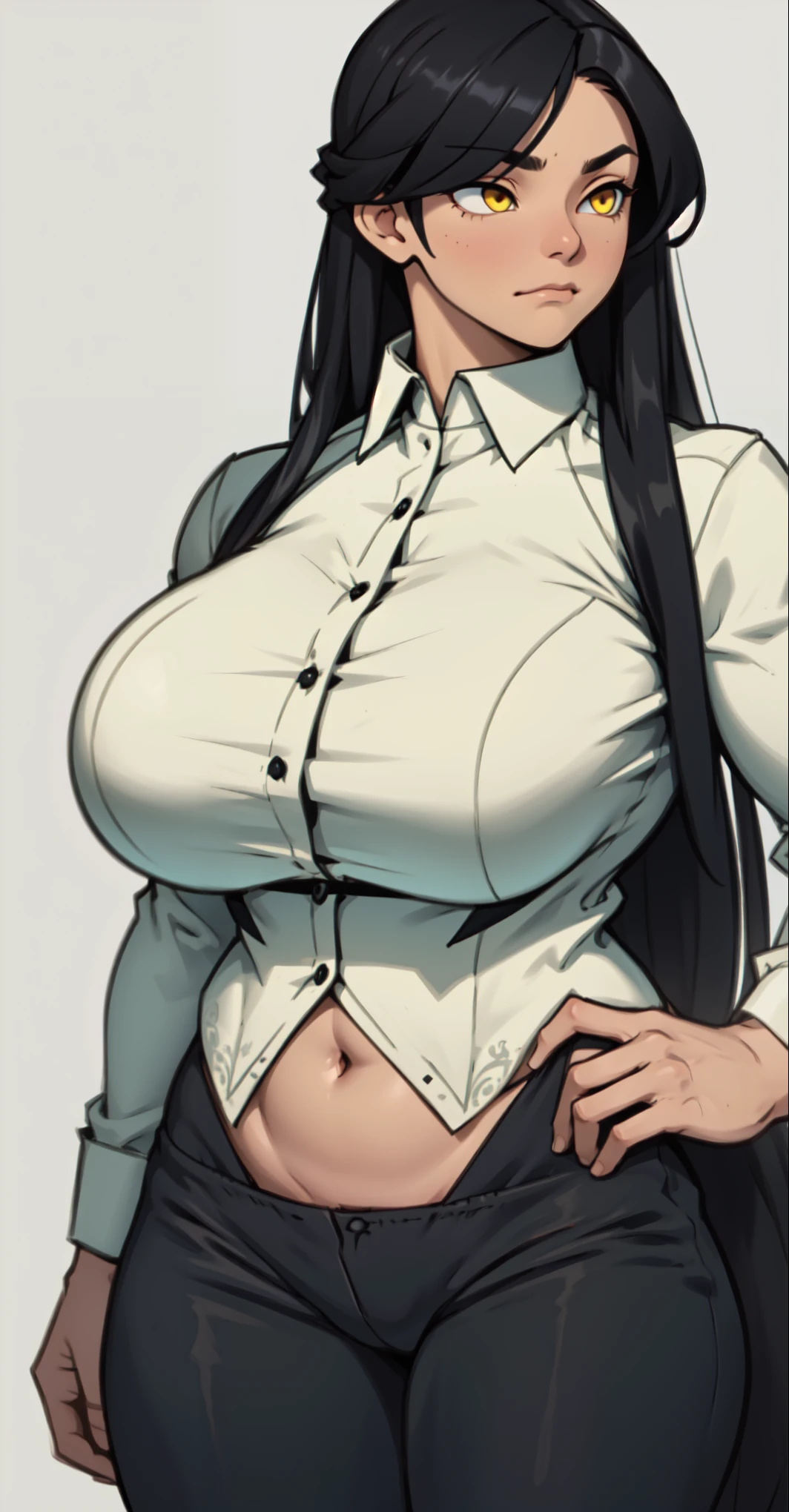1girl solo black hair yellow eyes very long hair pale skin muscular muscular muscular muscular toned body huge muscles thick thighs girl tight clothes angry blushing messy hair leggings tight shirt long sleeves thick thick thick thick thick thick