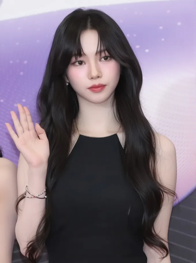 1 girl, long wavy black hair, standing against wall, hand on chest, taking selfie, pink off-the-shoulder V-neck sweater, sensual and elegant, (best quality,4k,8k,highres,masterpiece:1.2),ultra-detailed,(realistic,photorealistic,photo-realistic:1.37),HDR,studio lighting,extremely detailed face and eyes,detailed facial features, beautiful detailed eyes,beautiful detailed lips,extremely detailed eyes and face,longeyelashes