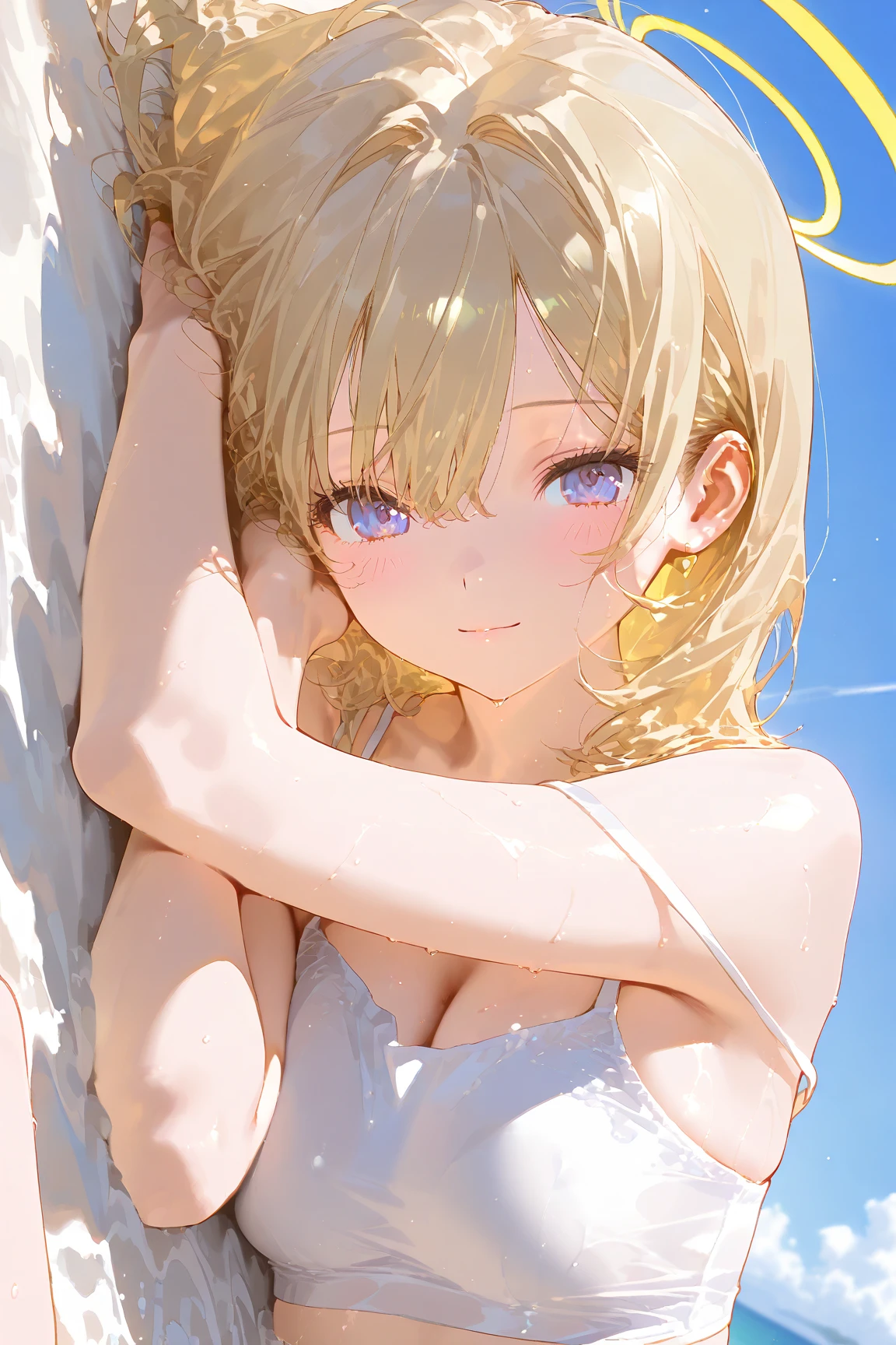nsfw:1.6, Top quality, masterpiece, ultra high resolution, , (top quality, high resolution, 4K, detailed lighting, shaders, perfect anatomy, perfect proportions), eye of the beholder, (masterpiece, top quality) (top quality, 4K, 8K, high resolution, masterpiece: 1.2), highly detailed, (masterpiece: 1.3, top quality, ultra high resolution, ultra detailed), (top quality: 1.2), perfect eyes, perfect face, perfect lighting, (top quality, 4K, 8K, high resolution, masterpiece: 1.2), highly detailed, (top quality, 4K, 8K, high resolution, masterpiece: 1.5), highly detailed, masterpiece, top quality, ultra detailed, top quality, high resolution, 32K CG, very delicate and beautiful, illustration, high resolution, sharp focus, front lighting, glow, girl 1 person, solo, smiling, very beautiful and detailed anime face, very detailed eyes, ((masterpiece)), ((best quality)), (super detailed), ((cute)), cute, ((very detailed)), 4K, (8K), best quality, (best quality, 8K, 32k, masterpiece, super high resolution, very detailed, impressionistic:1.2), blurred background, (((two arms))) , (((two foot))), ((((four fingers and 1 thumb)))), Best quality , ((only one naval)),
(Scandinavian beauty). (Beautiful face: 1.2). (Cute). (Shiny blonde hair). (Tight wedding updo: 1.6). (Swept sideways bangs revealing forehead: 1.4). (Beautiful turquoise eyes). Smiling: 1.8. (Shy: 0.6). (Topless: 1.8). (No underwear: 1.8). (White wedding dress: 1.4). (On all fours: 2). (Breasts and nipples uncovered: 1.8). (Small pink areola and nipples: 1.6). (Big breasts: 1.8). (Full breasts: 1.6). (Beautiful breasts: 1.6). (Slim waist). (Slender figure). (Realistic facial expression: 1.3). (White choker: 1.7). (Necklace: 1.4). (Pure white veil: 1.2). (White flower hair accessory: 1.4). (Bracelet: 1.4). (Anklet). (Deserted beach: 1.6). (Palm tree: 1.2). (Strong sunlight). (Realistic background: 1.3).