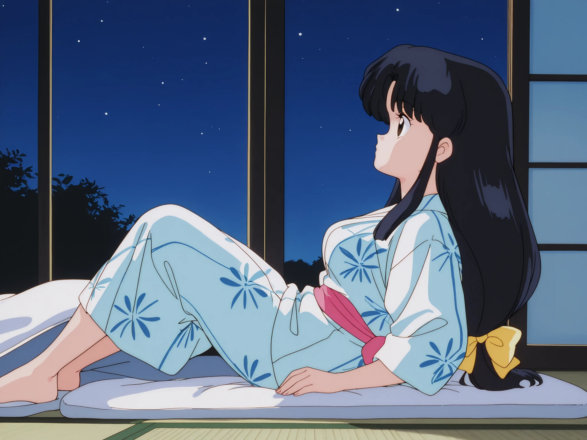 masterpiece, best quality, newest, absurdres, highres, detailed eyes, beautiful, detailed background, perfect eyes, anime coloring, masterpiece, best quality, newest, absurdres, highres, detailed eyes, beautiful, detailed background, perfect eyes, anime coloring, retro artstyle, 1990s \(style\), 1girl, solo, tendou akane, black hair, long-tied long hair, sidelocks, brown eyes, medium breasts,tatami futon,yukata,night,no light,barefoot,full length,from side,sleeping