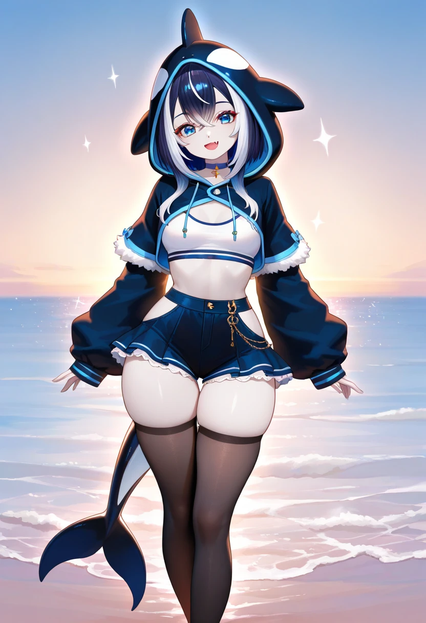 (masterpiece), (ultra-detailed), best quality, 8k, 1girl, solo, outdoors, beach, ocean, shylilythird, :3, large breasts, cleavage,one-piece swimsuit, swimsuit, covered navel, cetacean tail, bell, thighs,arms above head, bare arms, facial mark, standing, cowboy shot, masterpiece, best quality, absurdres, colorful, outdoors, day, 1girl, solo, lilfil, white hair, short hair, animal ears, purple eyes, HH-cup, black overalls, black suspenders, black skirt, white sweater, long sleeves, smile, ass,ass focus, looking back, big ass, large ass, good ass, huge ass, (big ass:1.2), (large ass:1.2), :D