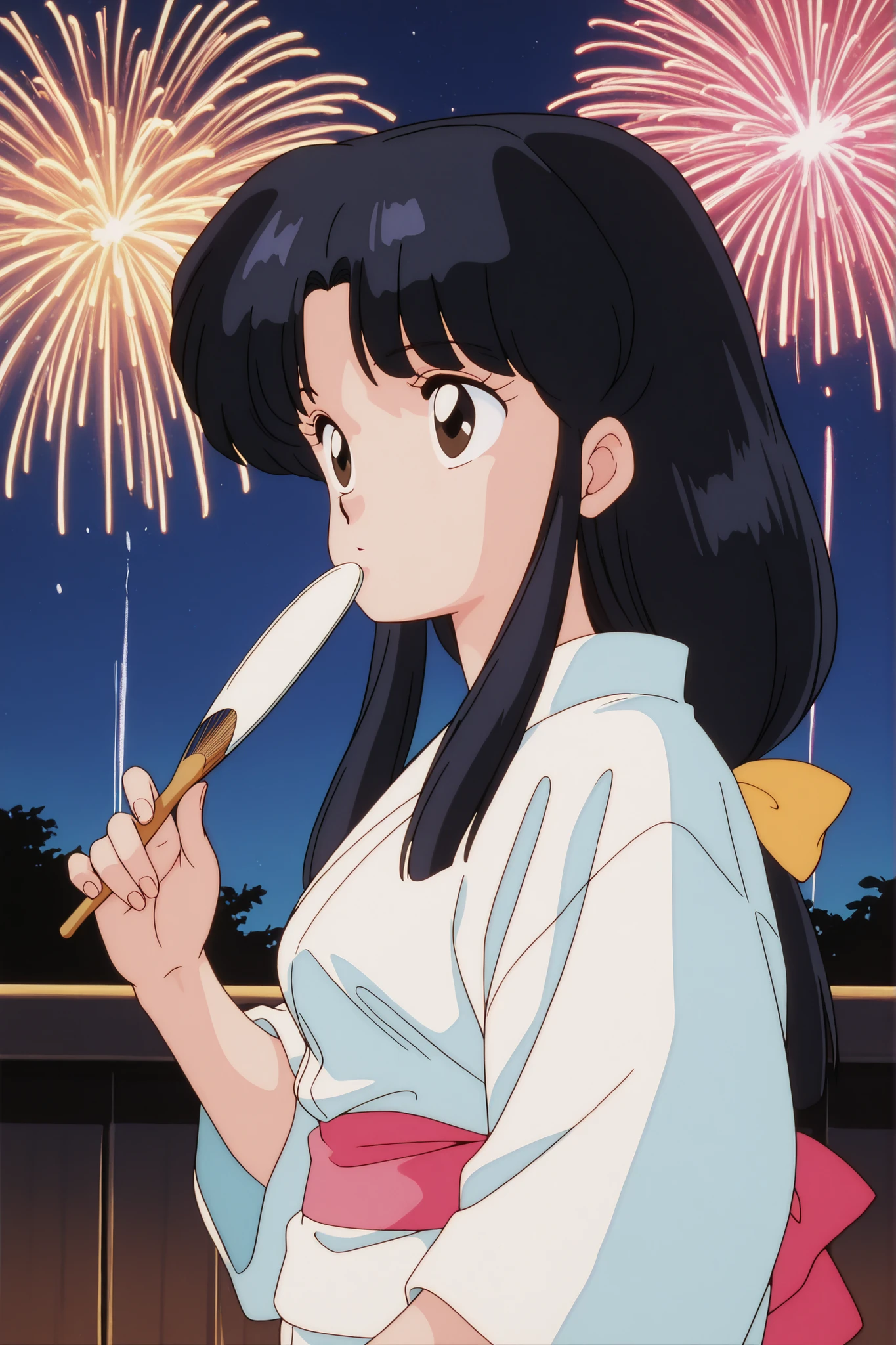 masterpiece, best quality, newest, absurdres, highres, detailed eyes, beautiful, detailed background, perfect eyes, anime coloring, masterpiece, best quality, newest, absurdres, highres, detailed eyes, beautiful, detailed background, perfect eyes, anime coloring, retro artstyle, 1990s \(style\), 1girl, solo, tendou akane, black hair, long-tied long hair, sidelocks, brown eyes, medium ,yukata,fireworks, japanese festivals,holding a fan
