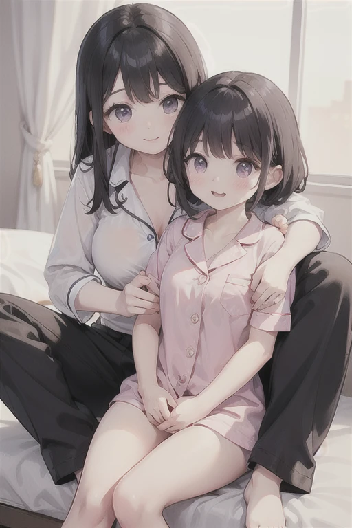 Little boy sitting on mom's lap,embrace, indoor, Dark environment, during night, Mom was wearing a white dress, The little boy wears shorts,Mom is wearing a transparent nightdress