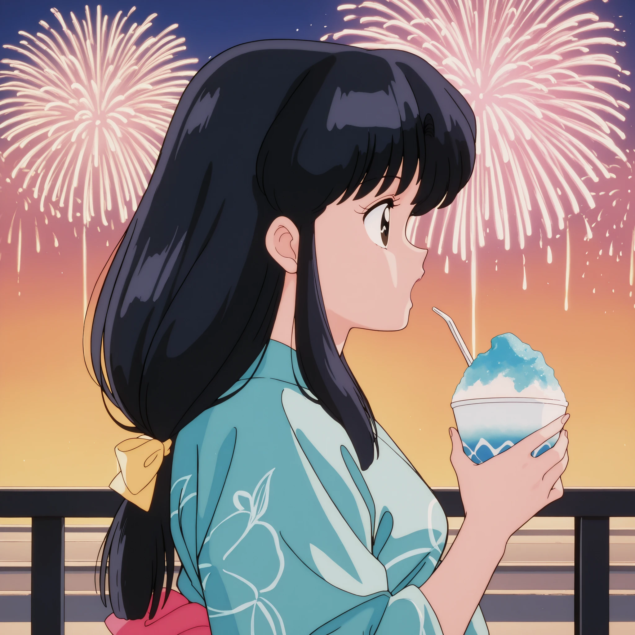 masterpiece, best quality, newest, absurdres, highres, detailed eyes, beautiful, detailed background, perfect eyes, anime coloring, masterpiece, best quality, newest, absurdres, highres, detailed eyes, beautiful, detailed background, perfect eyes, anime coloring, retro artstyle, 1990s \(style\), 1girl, solo, tendou akane, black hair, long-tied long hair, sidelocks, brown eyes, medium ,yukata,japanese festivals,fans,eat,shaved ice,open mouth,from side,fireworks,