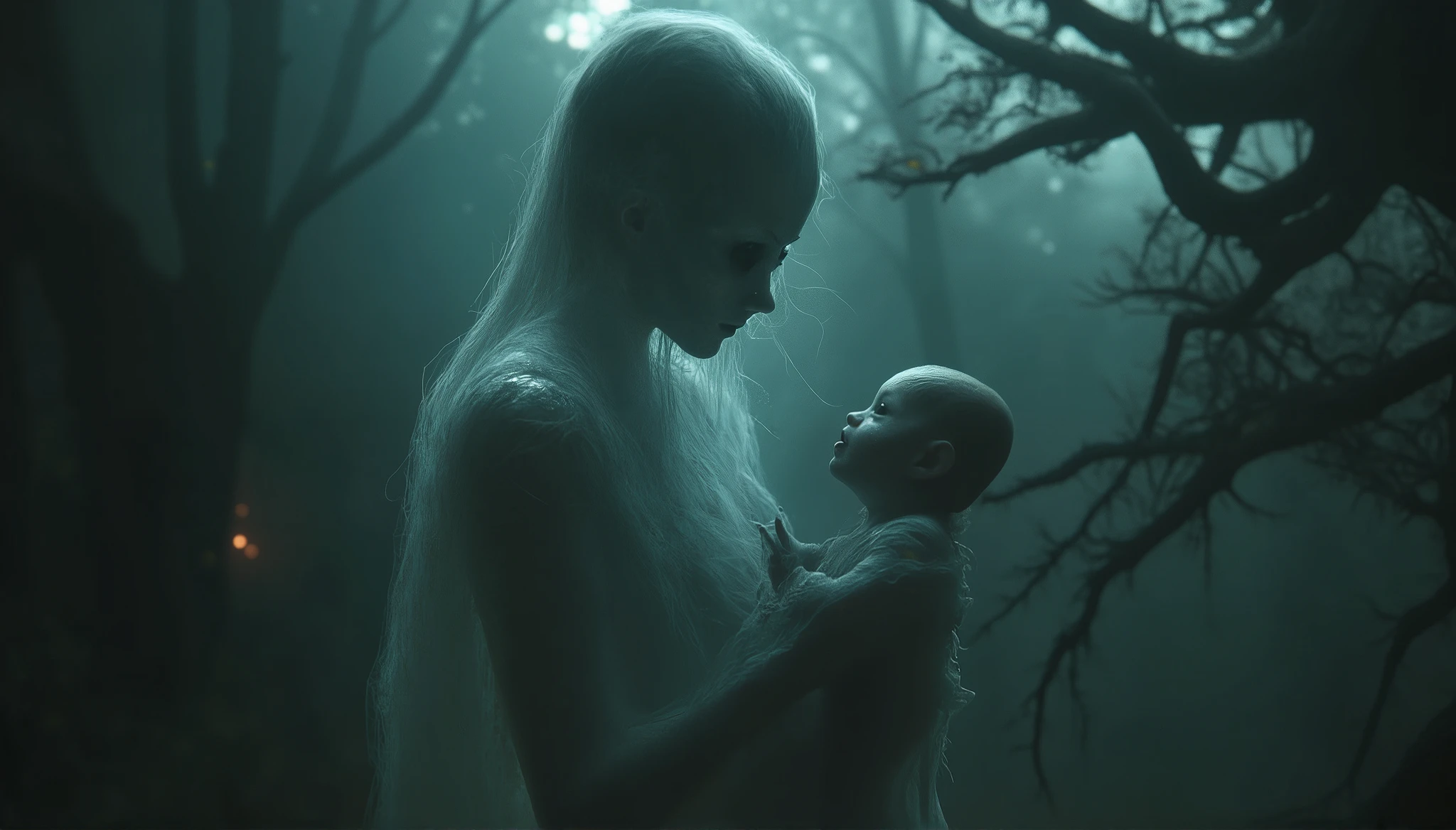 translucent horror woman, holding a horror child in her arms. His eyes, filled with infinite pain