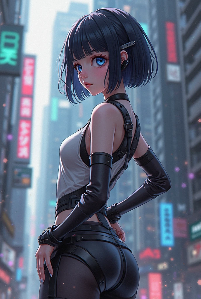 masterpiece, (photorealistic:1.4), top quality, beautiful lighting, (ulzzang-6500:0.5), lucy \(cyberpunk\), 1girl, against railing, armrests, bangs, bare shoulders, belt, black belt , black leotard, black pants, blurry, bob cut, chest, building, cityscape, clothing cutout, cropped jacket, cyberpunk, depth of field, side view, gradient eyes, gray eyes, gray hair, jacket, leotard, lips, long sleeves, looking into the distance, looking forward, machine parts, medium chest, multicolored eyes, multicolored hair, night, night sky, off-shoulder, open clothes, open jacket, outdoors, pants, open lips, railings, red eyeliner, sci-fi, short hair with long hair, shorts, shorts, sidelocks, sky, solo, standing, teeth, thigh cutout, upper teeth only, white jacket, white shorts, cyberpunk \(series\), cyberpunk edgerunner, RAW photo, 8k uhd