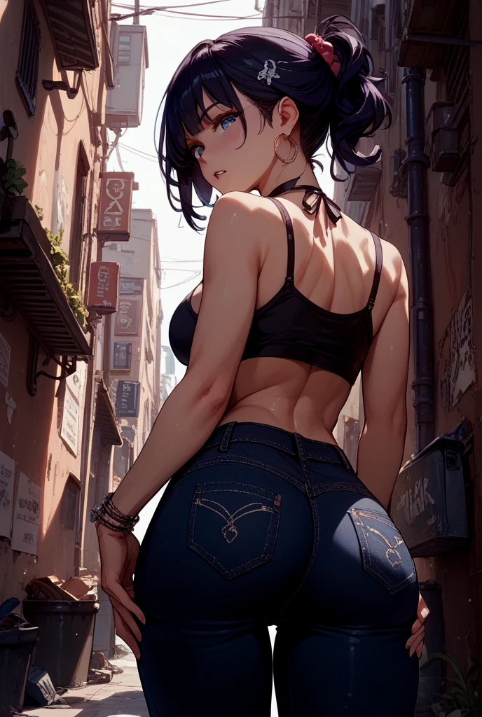 Efeito Kujou Sara Genshin, work of art, best qualityer, 1 girls, medium breasts, Longhaire ,hypdertailed, just, top cut, bermuda jeans, choker, (graffit:1.5), Purple lightning pattern splash., arm behind the back, against the wall, Look at the audience from behind., bracelet, thigh strap, tilt your head, bored, hypdertailed, water eyes, ???????, ???????