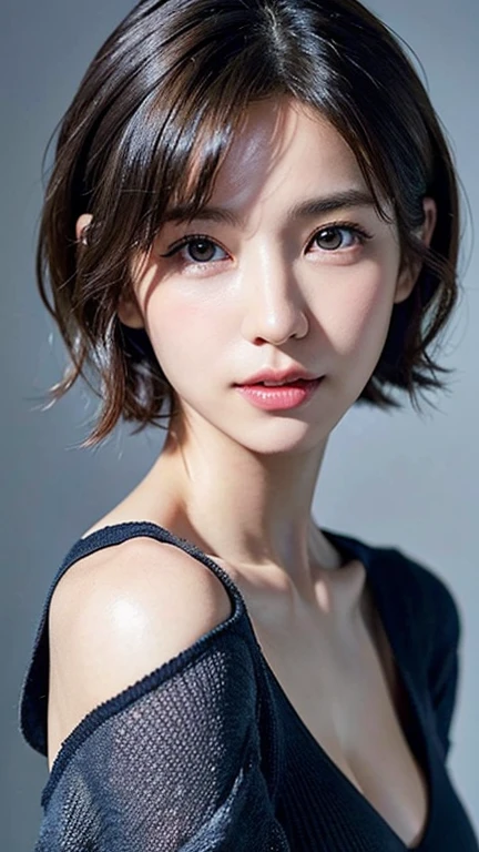 ((masterpiece, Highest quality, High resolution)), One Girl, (Realistic: 1.4), alone, White Background, snow-White Background, ((From above, A little above, look up at the viewer, look up, look up at the camera, Looking into the camera)), Mouth closed, Smile, Smile, Smile, Beautiful black hair, short hair, Big eyes, Transparent double eyelids, eyelash, Listen carefully, Long neck, Long neck, Absolute area, (Draw the whole head, shoulder), 19 years old, Attractive proportions, Shiny skin, Beautiful collarbone, Golden ratio face, Perfect Face, Tearful mole, Mole on chest, bangs, clean bangs, Lip gloss, Thin lips, Fair skin, naked, Big Breasts, Small face, Small face, Draw the whole head, draw all shoulder,