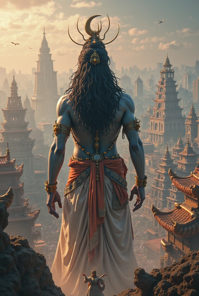 An ultra-high picture quality、Maximum quality、futurecity、cyber punk、vibrant light、skyscrapers、In the clouds、View of the universe、SF World、Huge colossal Indian statue of lord Shiva in the middle of the city, huge colossal Indian statue, (((huge colossal Indian statue))), (((morning)))