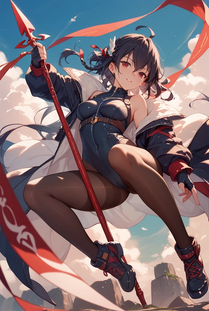 Full body 128k Bluray Extreme UHD 4K High quality anime image. My attention is drawn to a cute woman with long black hair parted down the center. She had cat ears and a smile. She stands in an open space and looks like she is going to dance. She wears a red a white top with black short shorts. She wears a red head band and a round bell on her neck.” Rendered in stunning 4K and UHD resolution using Octane Render CGI technology, everything comes to life in a mesmerizing 16K masterpiece, with an aura fascinating and high level of detail, anime illustration with happy look in eyes, cyber punk illustration, cute girl with cat ears and long black hair including a red head band, she wears a red and white sleeveless shirt with black short shorts, 4K, UHD, Ultra HD 4K image, extremely fascinating shimmering light, intricate details , extremely detailed, incredibly detailed. Smiling and about to dance.