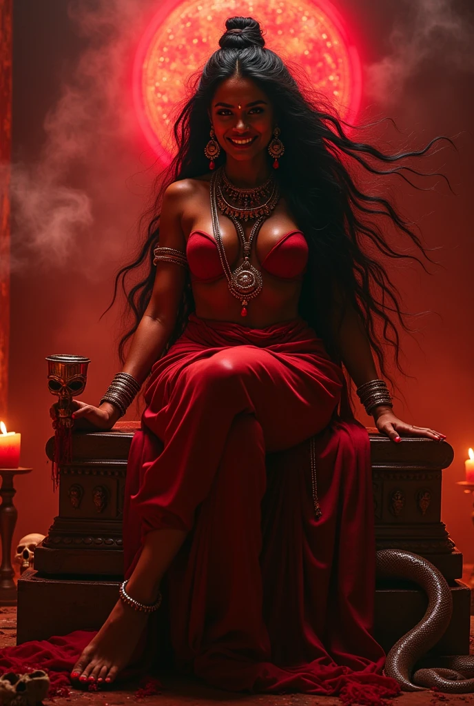arafed woman in a red dress sitting in front of a skull, african domme mistress, hot fire goddess, doja cat, red magic surrounds her, seductive and powerful, fully clothed in red robes, dark skin female goddess of love, 4 k glamour photography, very sexy devil outfit, succubus | medieval, witches, stunning african princess
