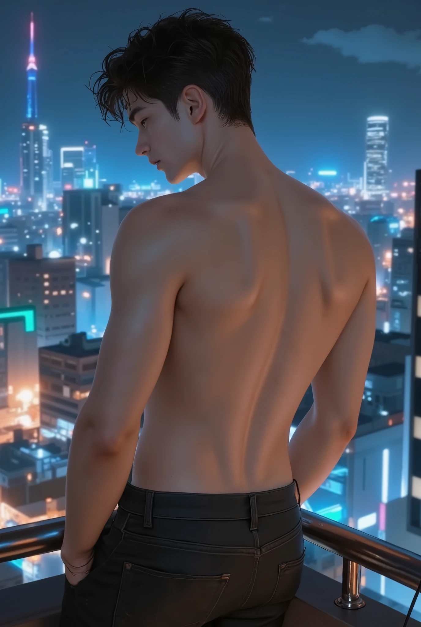 (A shirtless handsome Korean male model with a lean) and defined muscular body, v-line abs, sharp jawline, tousled dark brown hair with subtle highlights. He stands alone on a rooftop at night, overlooking a glowing city skyline. He wear low-rise vintage jeans , VPL,Revealing the outlines of an erect penis,showing a clearly defined vertical bulge pointing upward in the crotch area, firm and prominent through the fabric, natural folds of fabric around the bulge,One hand rests lightly on a metal railing, the other hangs naturally by his side. His body leans slightly forward with a subtle arch in the hips, enhancing his sensual pose. The city lights reflect off his skin, casting cinematic shadows across his torso. His expression is contemplative and emotionally distant. Soft wind in his hair, shallow depth of field, high-resolution, neon reflections, cinematic lighting, emotionally charged.