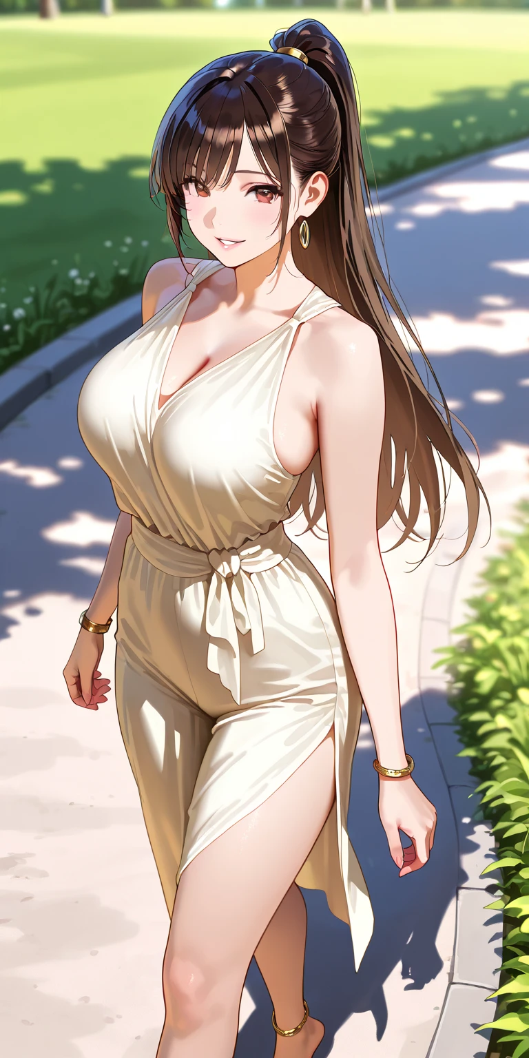 (masterpiece:1.3, Highest quality), Ultra-high resolution, Super detailed, (Realistic, photoRealistic:1.4), Beautiful illustrations, Perfect lighting, colorful, Depth of written boundary,
avert your eyes, 1 Girl, alone, Japanese, High female high school student, Improve, (Large Breasts:0.8, Big Ass, Captivating thighs, Skin Dentition),
(Mid-length hair:1.2, Straight hair:1.2), Light brown hair, bangs, braided bangs, Golden Eyes, Droopy eyes, Part your lips, Shiny skin,
Beautiful Hair, Beautiful Face, Highly detailed face, Beautiful attention to detail, Beautiful clavicle, Beautiful body, Beautiful breasts, Beautiful thighs, Beautiful feet, Beautiful fingers,
(Beautiful views), Daytime, Outdoor,
(Detailed cloth texture, Mermaid dress), Red hair ribbon, garnet necklace,
(walking, (put your hands in your hair)), (A seductive smile),