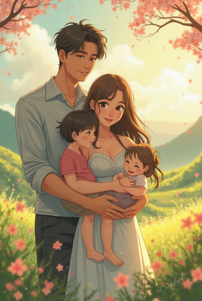 An anime woman with long black hair and brown cute bear ears and she is holding her baby son in her arms and she is standing with her husband he has brown-blonde hair and he is holding his toddler daughter and they are standing in their backyard