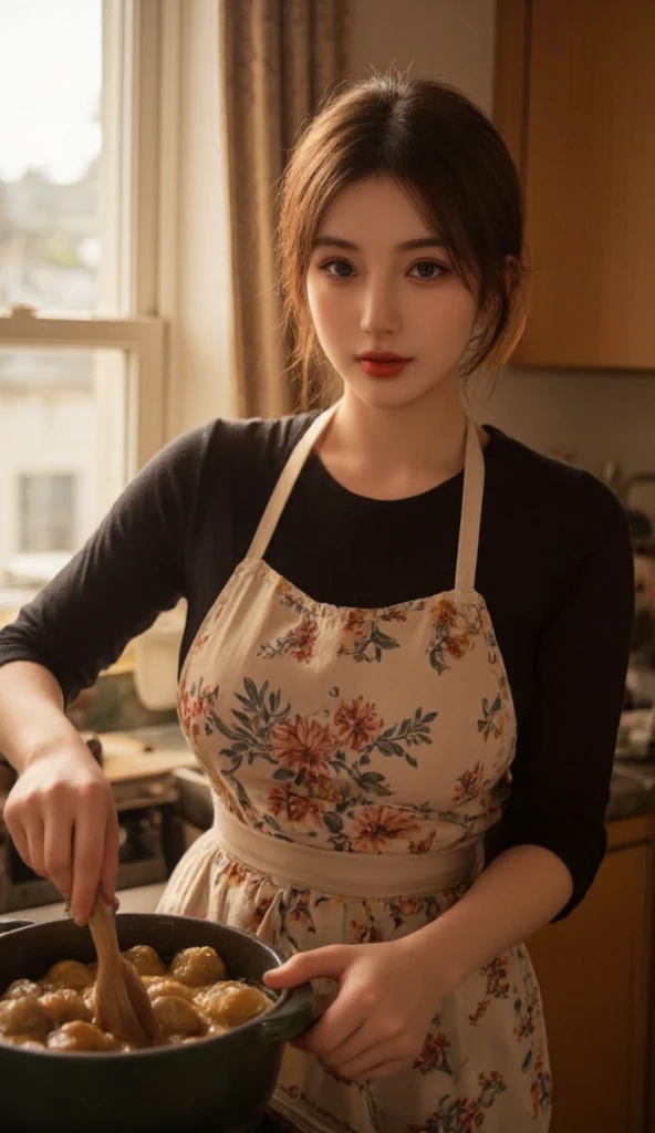 (Ultra Realistic), (High Resolution), (Always Detailed), (Best Illustration), (Beautiful Detail Eyes), (Best Quality), (Super Detail), (Masterpiece), (Wallpaper), (Detailed Face), Solo, (Dynamic Pose), One Girl, Wavy Burgundy Hair, Bunched Back of Head in the Kitchen, Korean, Blue Eyes, ((Apron)), , Shoulder Exposure, Tightening abs, thin long legs, (camel toes), wearing white T-back, wearing floral apron, panty shot, squatting towards the viewer, legs open, looking at the beholder