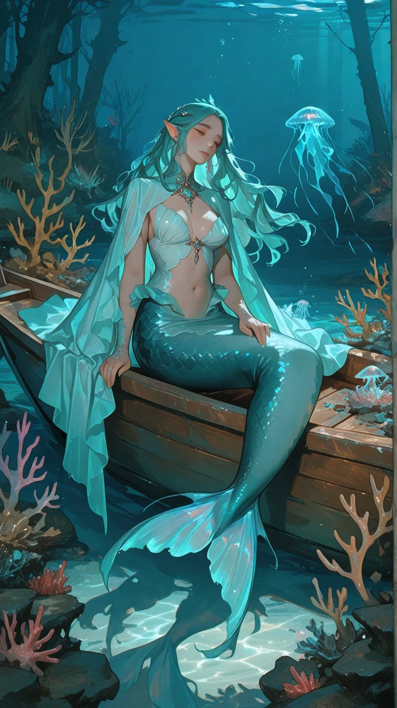 Masterpiece, best quality, (very detailed CG unified 8k wallpaper), (best quality), (best illustration), (best shadow), realistic lighting, full body shot, mermaid portrait, fish fin ears, intricate, elegant, very detailed, handsome, very detailed, claws, in the forest, blood, rags, beautiful face, dreamy, medieval, beautiful detailed light