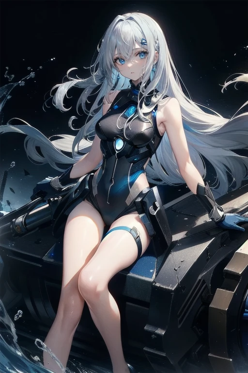 1 girl, long hair, wear thigh high boot, white hair, beautiful, 8k, masterpiece, blue eye, swimming