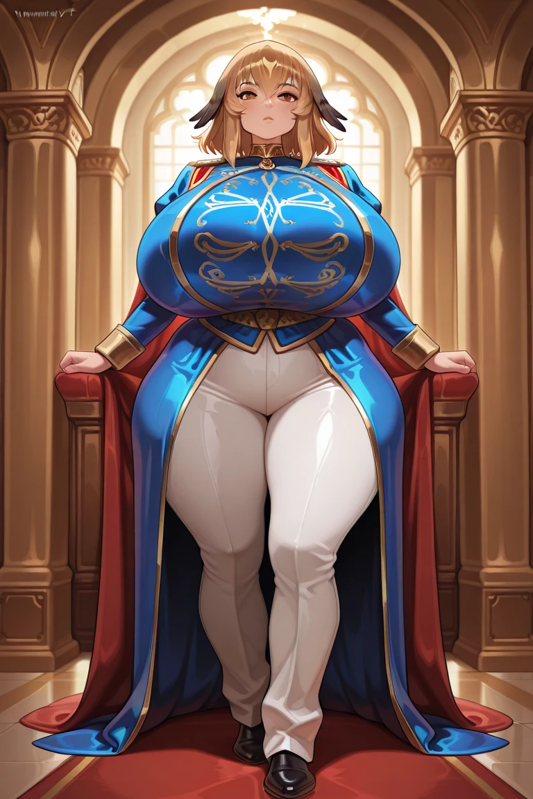 best quality, masterpiece, solo, (( Tall ,Feminine))anime Male in red Dress with crown,( Red corset, Skirt trail), wearing an ornate outfit, anime princess, in a fancy elaborate dress, ((Long Orange Hair:1.4)), ((hair styled in curls:1.3)),((Green eyes)),((Wide Hips)) , ((Thick Thighs )), Background(Ballroom)), expression ( Smug, Smiling , haughty),pose( Sitting)