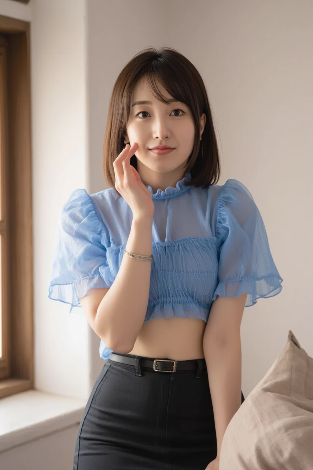 (Looking at the camera,looking at the camera),bent over:1,bent over:1,((The skin is wet from sweat)),Cleavage,Inside the house,entrance,Wearing a shirt,(Looking down),Troubled face、Skirt Lift、Lift your skirt with your hands,woman, 20-year-old, Short Hair、bangs、(Plain tight skirt),(White lace panties)、Cute earrings
