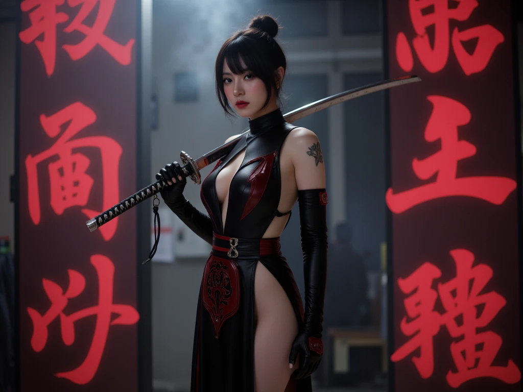 ((best quality)), ((masterpiece)), (detailed), perfect face, ((best quality)), ((masterpiece)), (detailed),((Big tits)),asian girl, mortal kombat, milena style, stockings, high heels, perfect leg, puple mask, mortal kombat backgroung, smoke, purple fire big boobs, smoked skulls at background, fire, burning, more smoke, black leather , more fire, ((burning village in the background)), ((stocking)), sexy, corset, cyrstal balls,((she is standing in the middle of the picture)),((holding a burning fireball and a bloody sword))