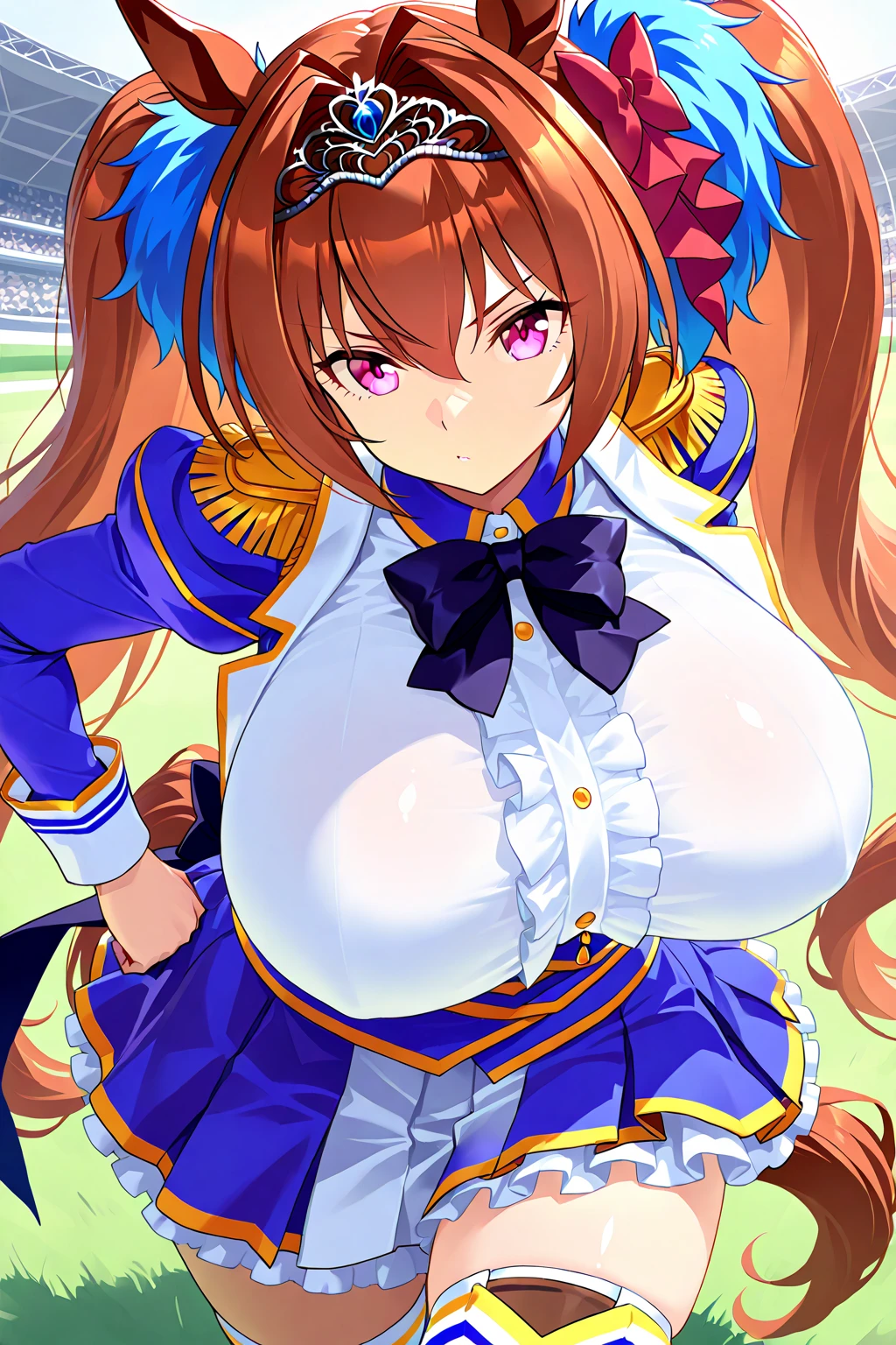 daiwa scarlet \(umamusume\), 1girl, solo, masterpiece, best quality, detailed face, face focus, evil smile, long eyelashes, looking at viewer, huge breast, (cleavage), golden, jewelry, standing, (skirt lift), (lace trimmed panties:1.2), (cameltoe:1.2) ,(thong:1.2), shiny skin, thick thighs, simple background, squatting, spread legs, (highheels) BREAK, horse ears, long hair, twintails, tiara, horse tail, very long hair, brown hair, epaulettes, garter straps, long sleeves, large breasts, fang, red eyes, bowtie, bangs, puffy sleeves, blue jacket, white thighhighs, center frills, white shirt, hair between eyes, white skirt, blue skirt, hair bow