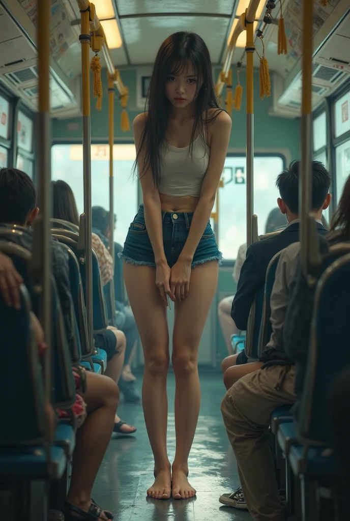 Girl in black top and mini shorts pees, standing at the bus stop, waiting for the bus