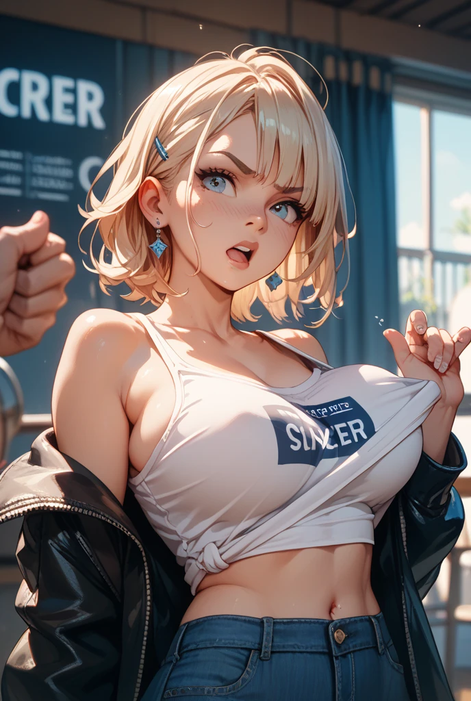 top-quality、Top image quality、masterpiece、girl with((18year old、Tattoo of the heart symbol on the right shoulder、Black Navel Tank Top、White pants、Best Bust、Bust 85、a blond、poneyTail、Blue eyes、open chest wide、Happiness、Chain Accessories、Black wristband on wrist、Raise your left arm、A slender、whole body Dripping wet、Tears of joy))hiquality、visualart、Background with((City at night、Sateen、lightning bolt))、masutepiece、Depth(lightning bolt)