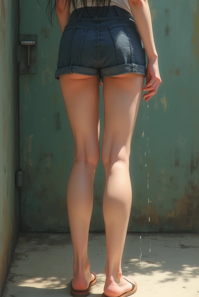 White shirt girl,Extremely long legs,Gold-trimmed leg rings,Sit on the stone steps next to the ancient street, The rain is wet,Wet with rain,Get wet:1.2)