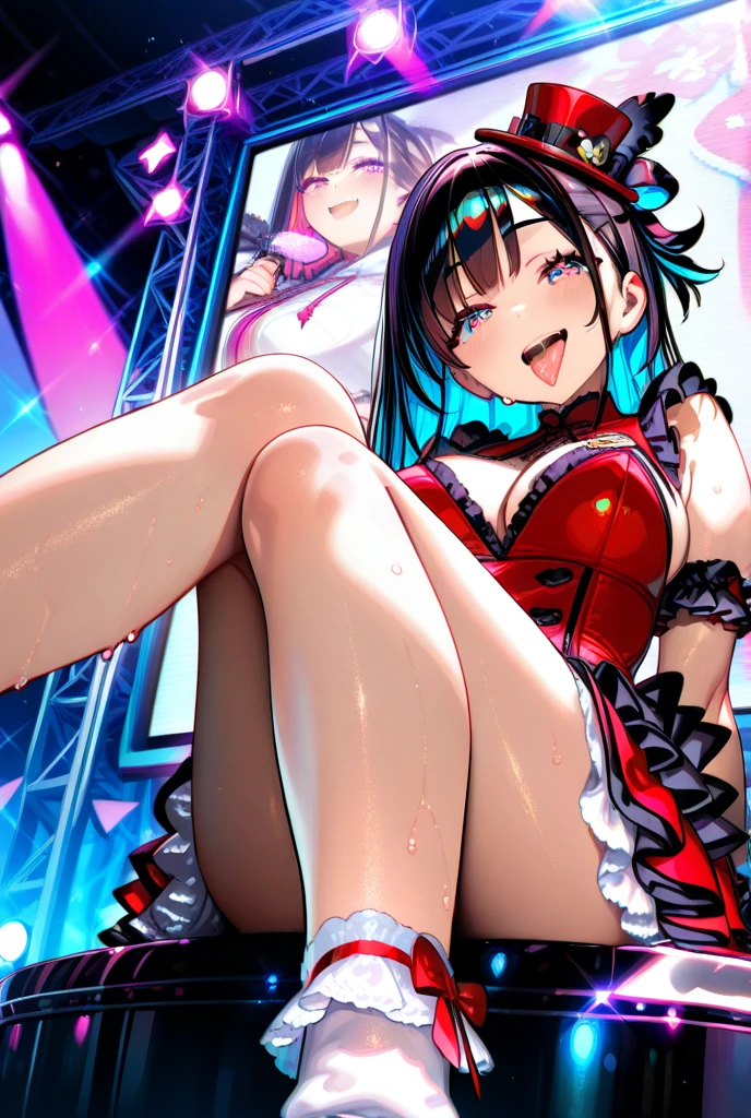 naked、Highest quality、Best image quality、masterpiece、8 kilometers、Girls Vs.((16 years old、Best Bust、Medium Bust))、nsfw、(Blushing:1.3)、Beautiful breasts、steam、A heart floats in the depths of your eyes、Be in heat、squatting,open legs,arms behind head,stage,confetti、Black Hair、Twin tails、(Black Bunny Girl Costume)、Fishnet tights、