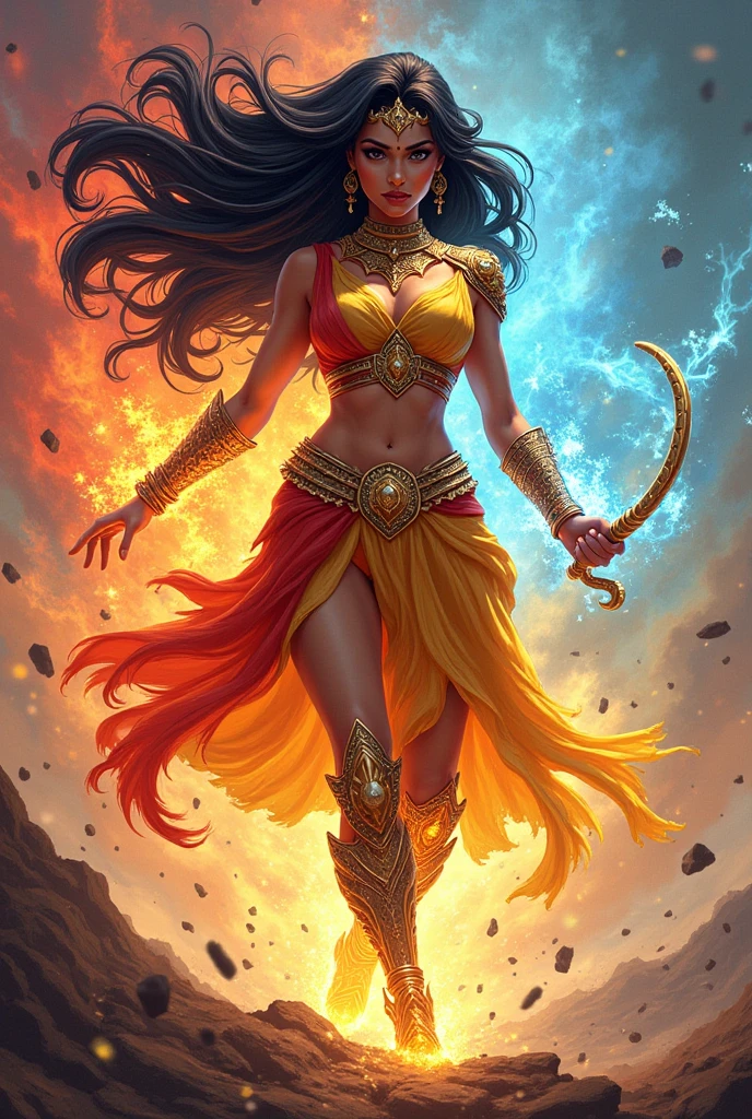 ((realism, hyperrealism, photorealistic, older female)), solo, small waist, toned, belly dancer, wide hips, long light_purple hair, thick thighs, dark green eyes, ifbb, thick lips, colored eyelashes, (thin waist, vacuum stomach, narrow waist, small waist, dark skin), tan, tanline, golden lipstick, translucent iridescent arabian pants:2.0, sheer metallic indian red sari top, white lace bridal gauntlets:2.0, wielding flaming katana, high detail