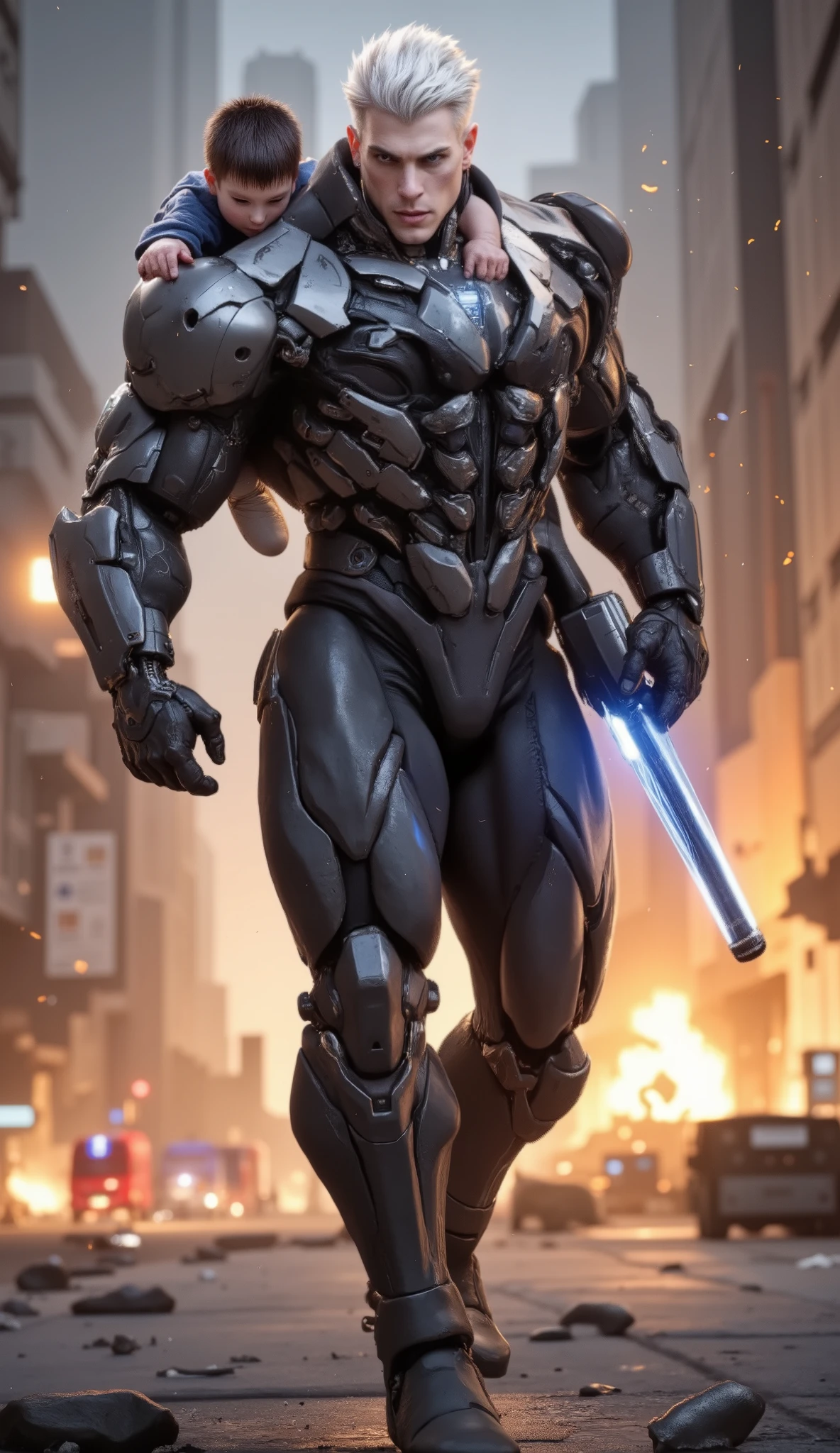 Cyborg,Exosuit,Mecharmor,Robot,Mech,Power Armor,Heavy Mech,futuristic,tactical,fluxbodybuilder,bright flash,overexposed,raw photography,A hyper-realistic futuristic humanoid male robot, over 2 meters tall, with a powerful, athletic build. He has a strikingly handsome, fair-skinned human face with strong, symmetrical features, intense blue eyes glowing faintly. His chiseled chest and abdominal muscles are uncovered and made of realistic, flawless human skin, showing ultra-defined muscular detail and light sweat, contrasting with his high-tech robotic limbs and torso plating. His exoskeleton is sleek, matte black, armored and mechanical from the waist down and along his arms.
He is cradling a terrified young child in one arm — the child clings tightly to his bare chest, face smudged with soot — while his other arm projects a translucent, glowing blue holographic energy shield, actively blocking falling debris and glowing embers. Sparks and ash swirl around him as he walks forward through intense flames.
Behind him, a burning skyscraper collapses in slow motion, casting shadows across the dense smoke-filled air. Emergency lights from firetrucks flicker in the distance, reflecting off his hybrid human-metal body. His expression is calm and protective, exuding strength and compassion.
The scene is cinematic, filled with tension and warmth: orange firelight illuminates the smoke, while the robot’s metallic surfaces gleam coldly under dynamic lighting. Embers float like fireflies.
Style: ultra-realistic, sci-fi, 4K resolution, emotional cinematic composition, high contrast lighting, volumetric fire and smoke, detailed anatomy and mechanical texture blending, photorealistic hybrid character design.