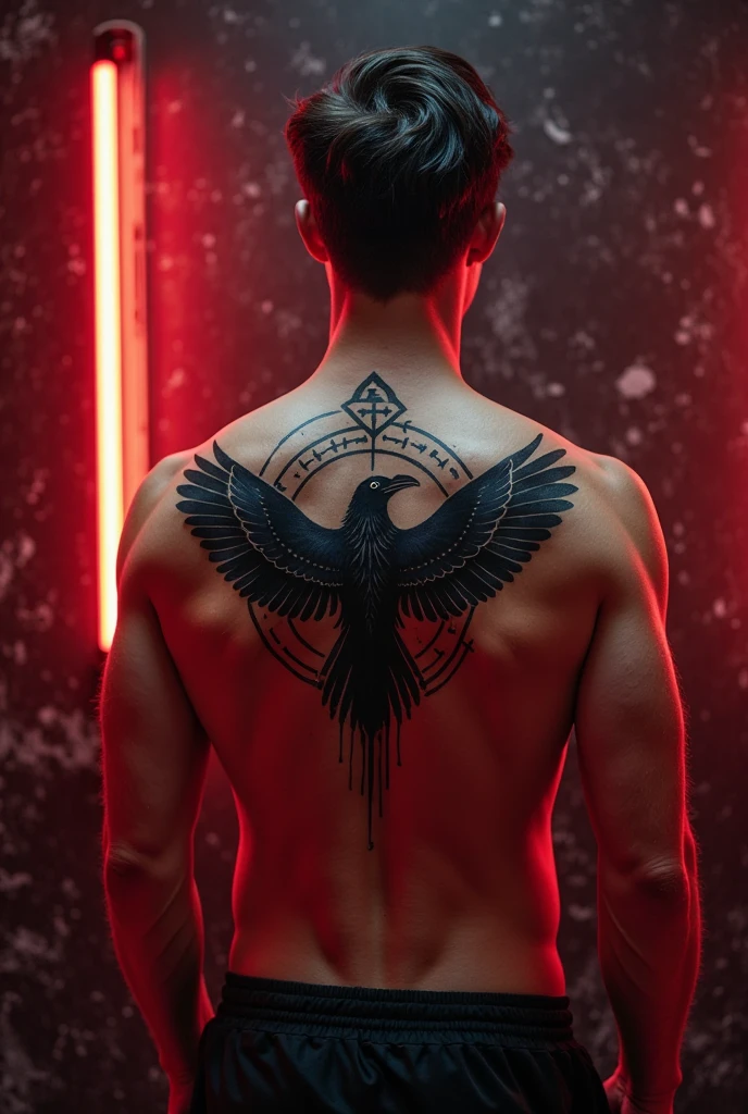 Strong man with his back to the camera, showing a yin yang tattoo with wings on his back. 

