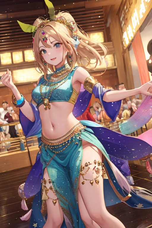 Cinematic lighting、Highest quality、1 Arabian dancer、Sweaty、Embarrassing、On Stage、Dancing、Wet crotch、See-through nipples、