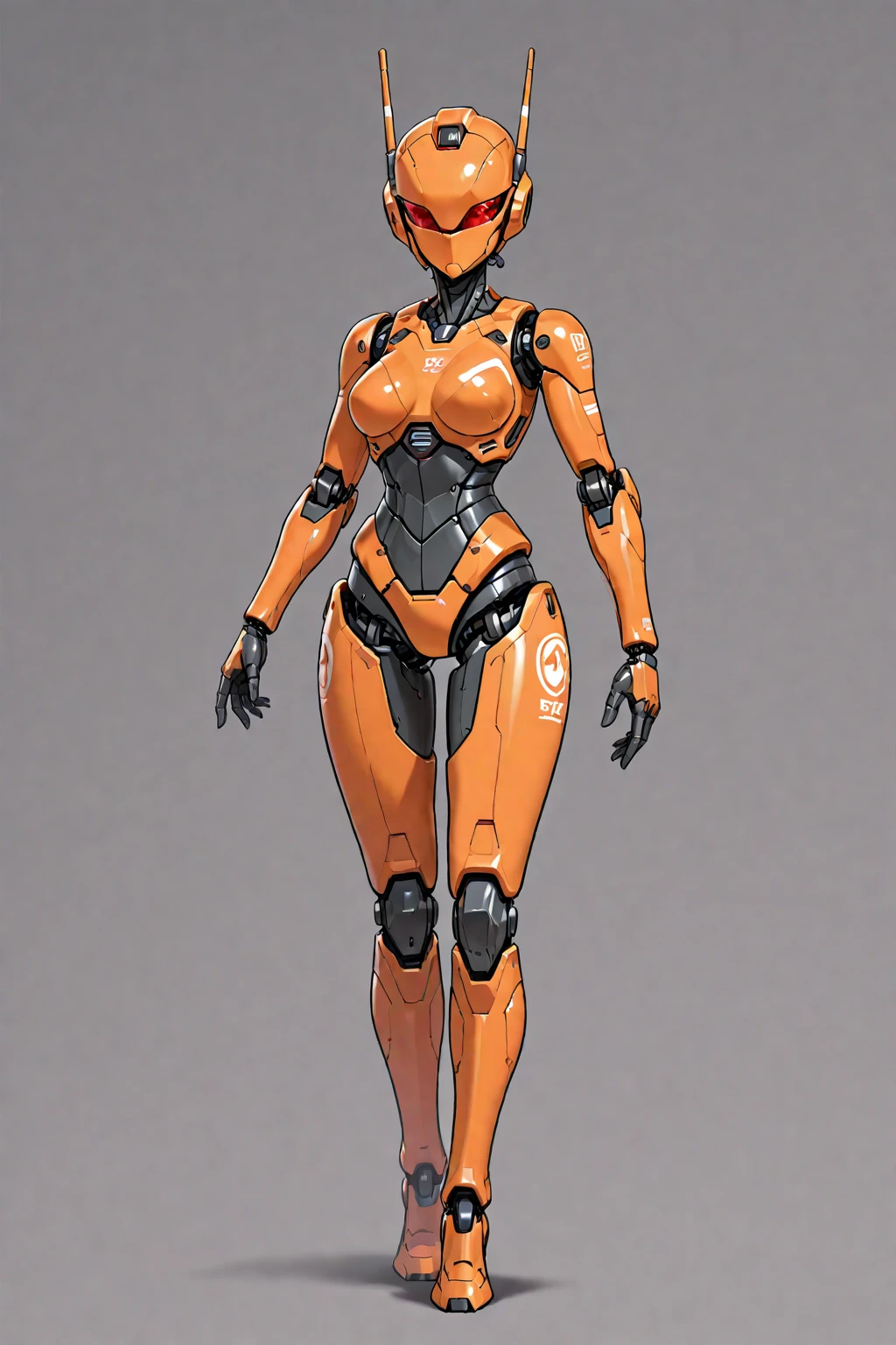 stylized style, Overwatch style female character concept, full body back and front view, robot detailed face with round eyes, wood theme, body covered with armor